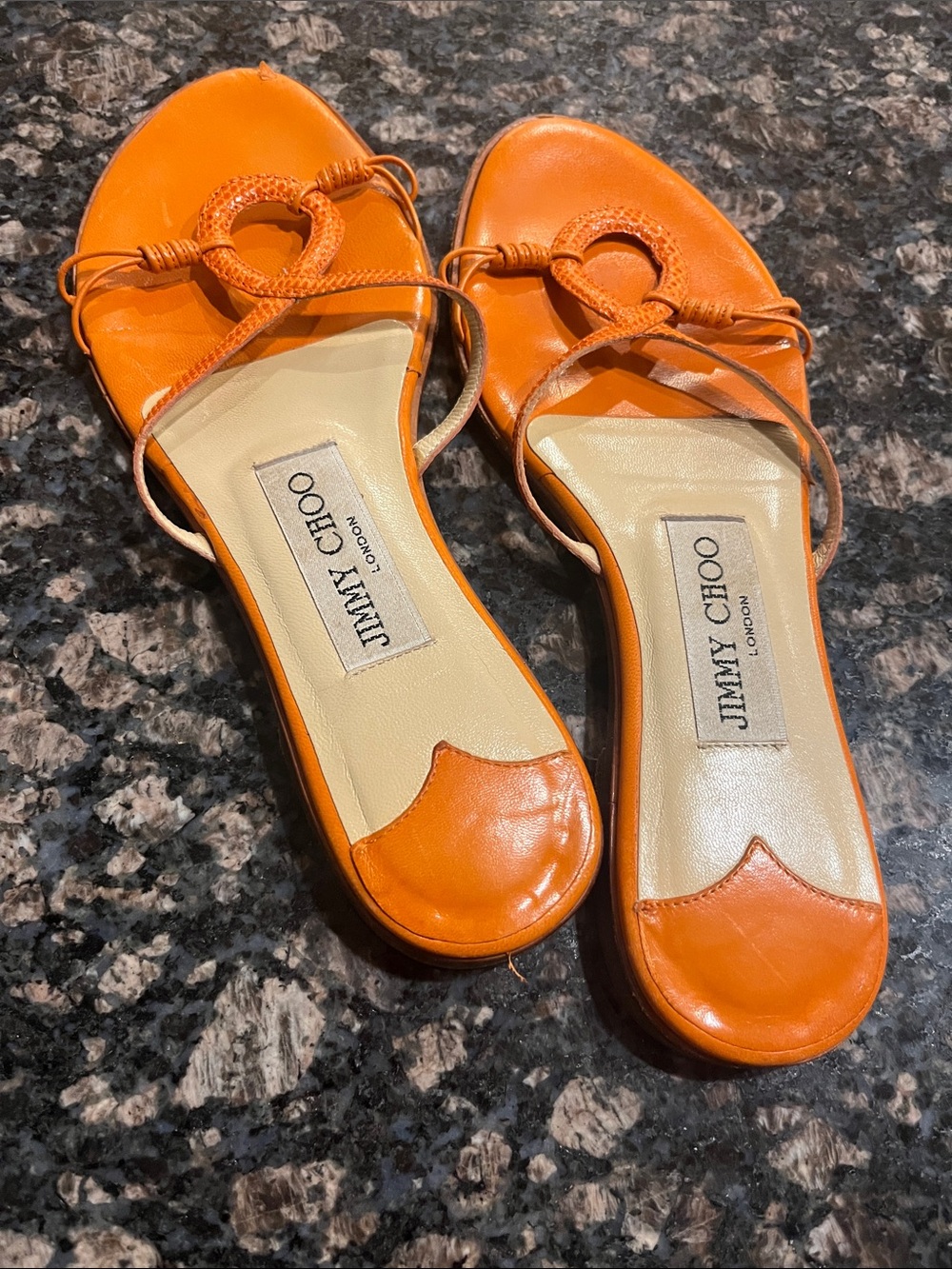 Jimmy Choo Orange Leather Ring-Accent Slide Sandals